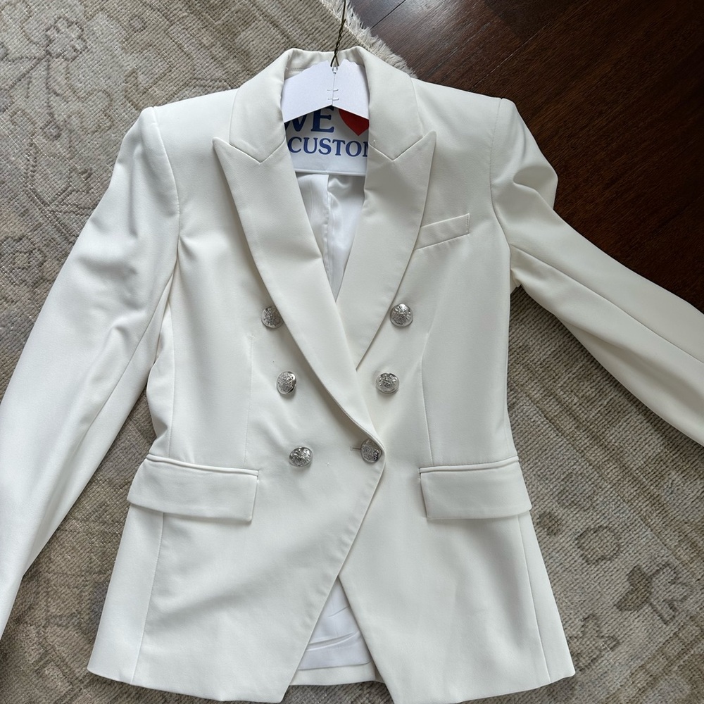 Veronica Beard White and Silver Double-Breasted Blazer